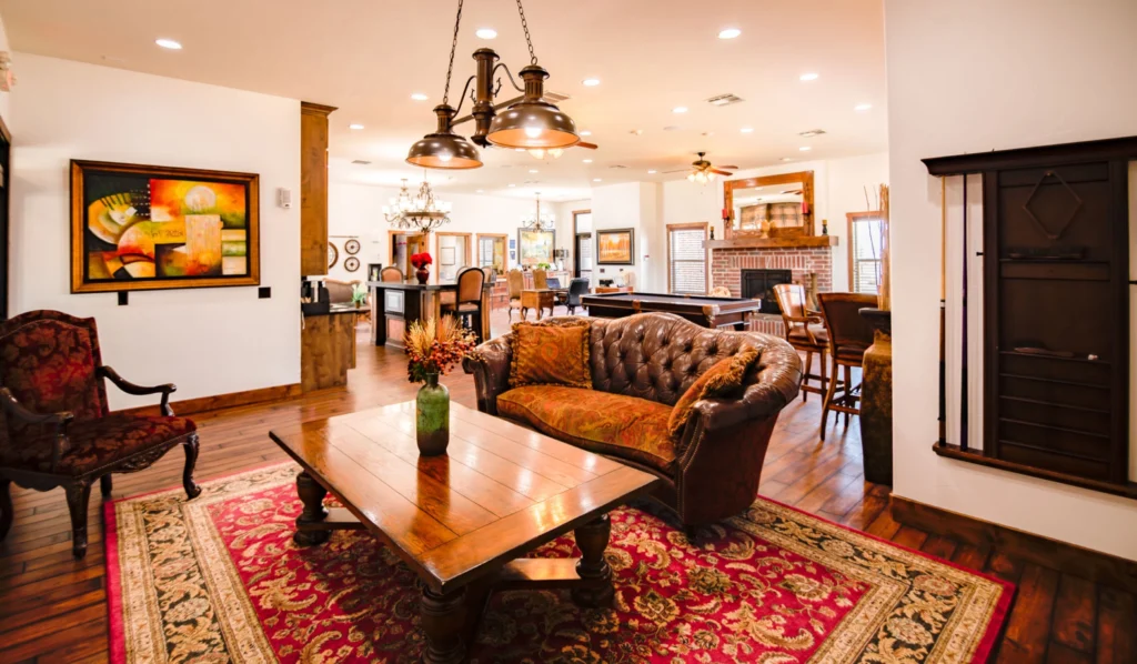 Clubhouse lounge with sofas and billiards table