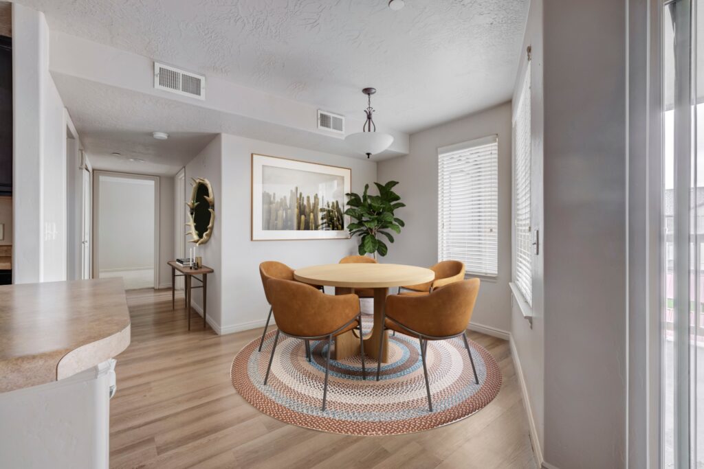 A cozy dining area with a round wooden table, four cushioned chairs in light brown, a round braided rug, a large framed picture, and a potted plant.