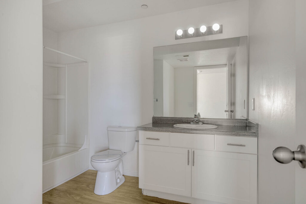 A modern, bright bathroom with a white vanity, granite countertop, large mirror, toilet, and a shower-tub combo. The floor is light wood, and the walls are white. Four lights are above the mirror.