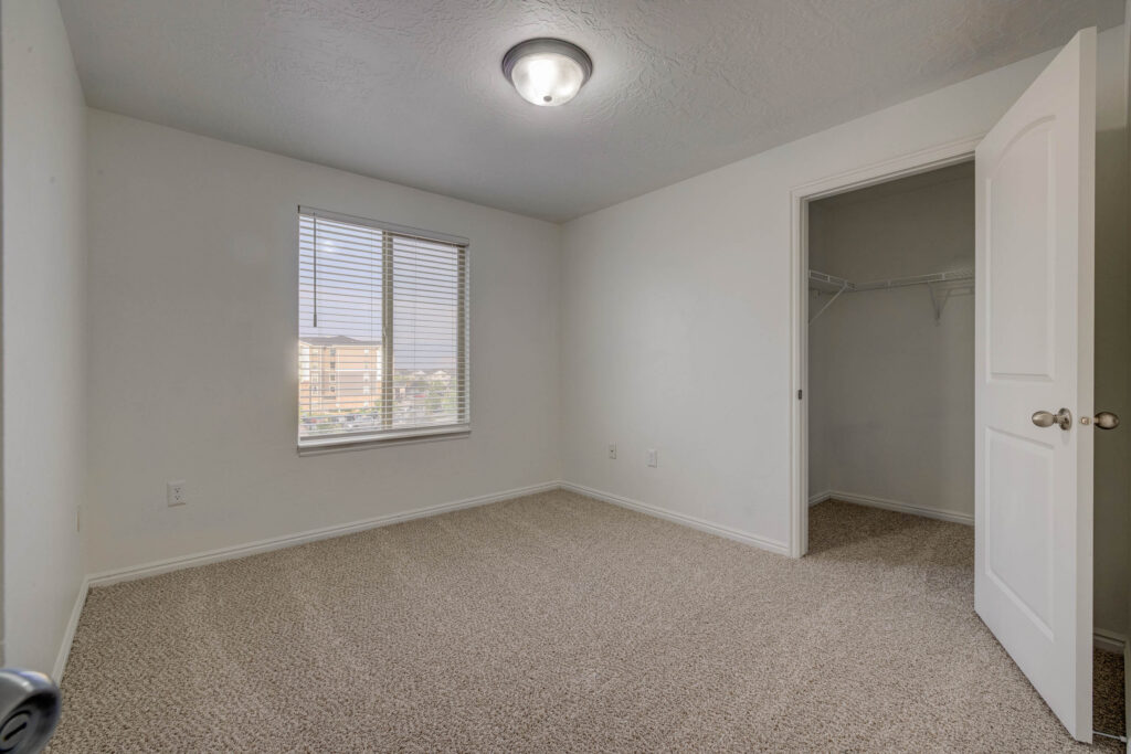 Empty bedroom with beige carpet, white walls, a window with blinds, a ceiling light, and an open closet door showing shelves inside.