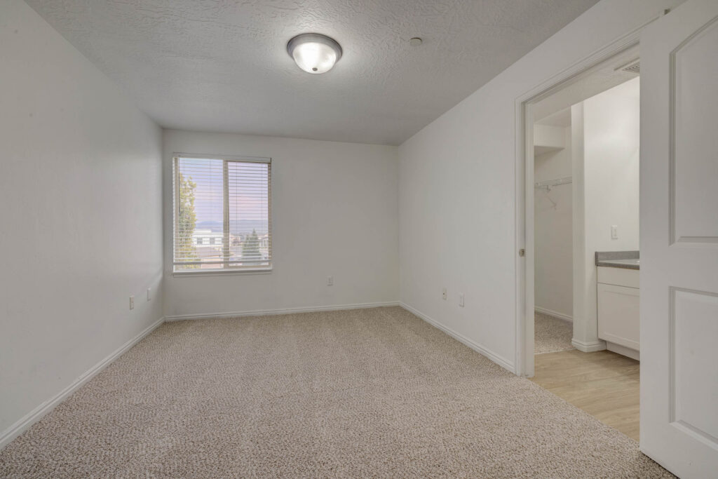 Empty bedroom with beige carpet, white walls, a window with blinds, ceiling light, and an open door leading to a walk-in closet and bathroom with a countertop.